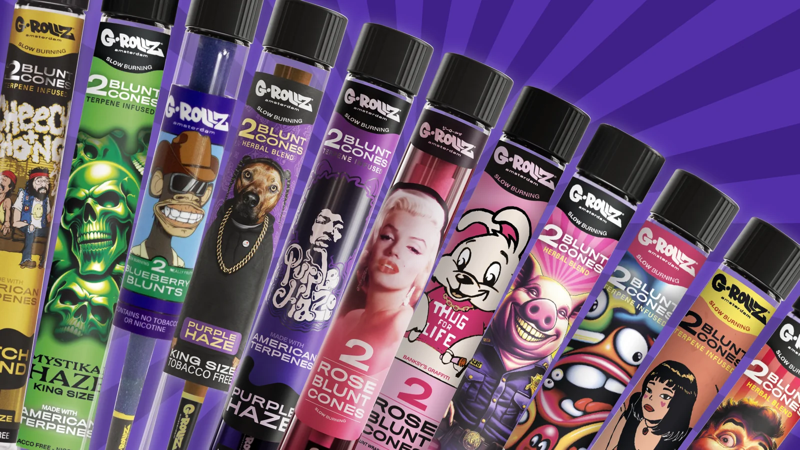La collection de cônes blunt G-ROLLZ : deux cônes par tube en verre, de nombreux designs